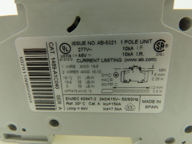 Allen Bradley 1489-A1C040 4A Circuit Breaker Series A 277V 1 Pole 4 Amp Lot of 6