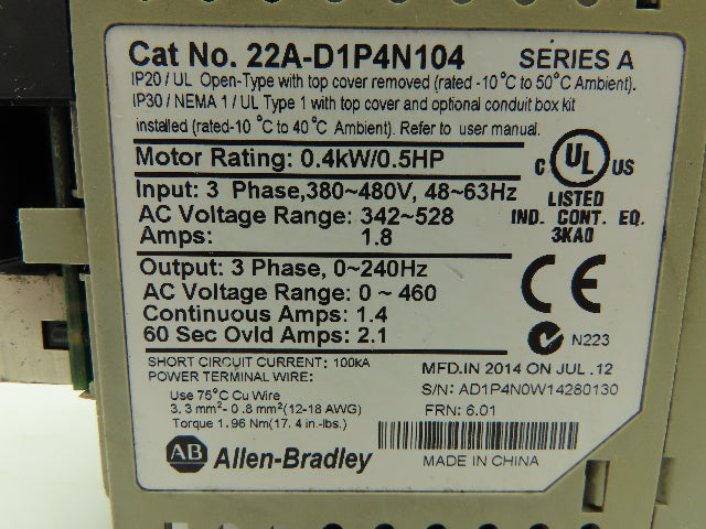 Allen Bradley 22A-D1P4N104 Powerflex 4 VFD Variable Frequency Drive 0.5 HP 480V