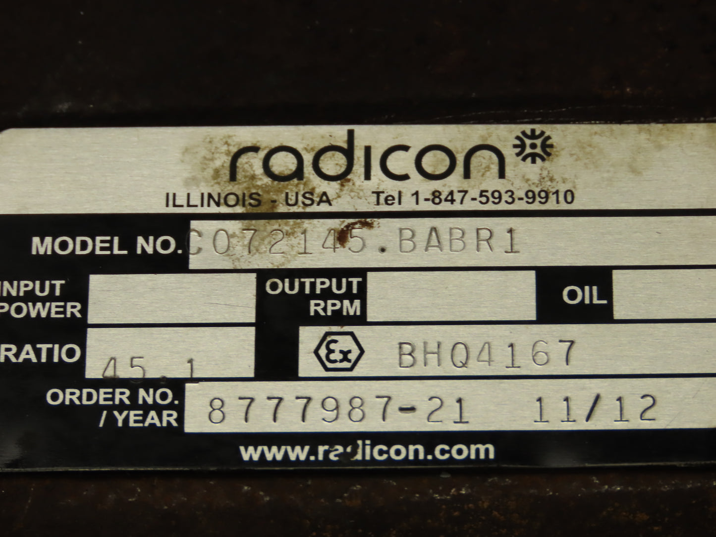 Radicon C072145.BABR1 Helical Worm Gearbox 45:1 Reducer 39 RPM 182/184T RH