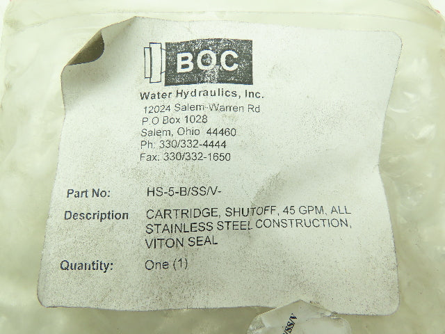 BOC HS-5-B/SS/V Hydraulic Cartridge Shutoff Valve 45 GPM Stainless Steel Viton