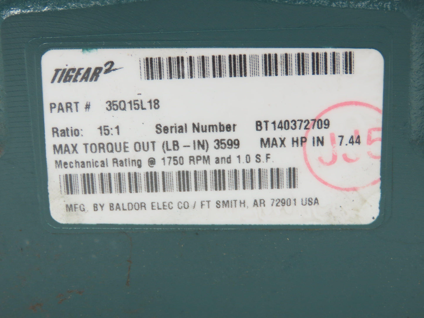 Dodge 35Q15L18 Tigear 2 Worm Gearbox 15:1 Reducer 7.4Hp 117 RPM LH 180TC