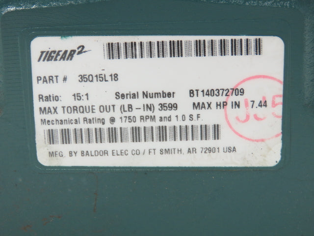 Dodge 35Q15L18 Tigear 2 Worm Gearbox 15:1 Reducer 7.4Hp 117 RPM LH 180TC