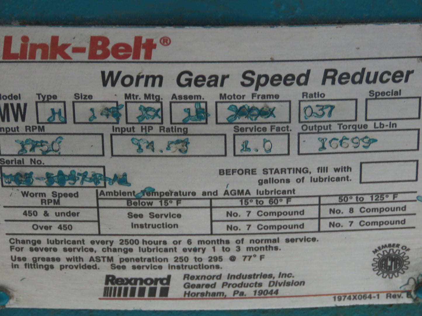 Link-Belt MW-H-145-XX-1B Worm Gear Speed Reducer Gearbox 37:1 Ratio 14Hp 47 RPM