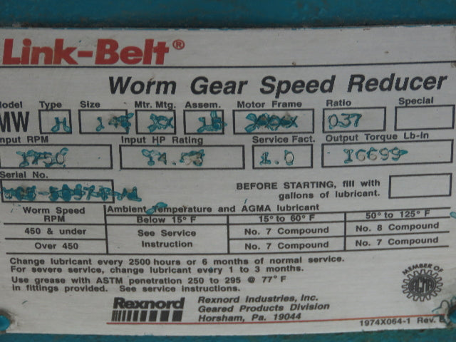 Link-Belt MW-H-145-XX-1B Worm Gear Speed Reducer Gearbox 37:1 Ratio 14Hp 47 RPM