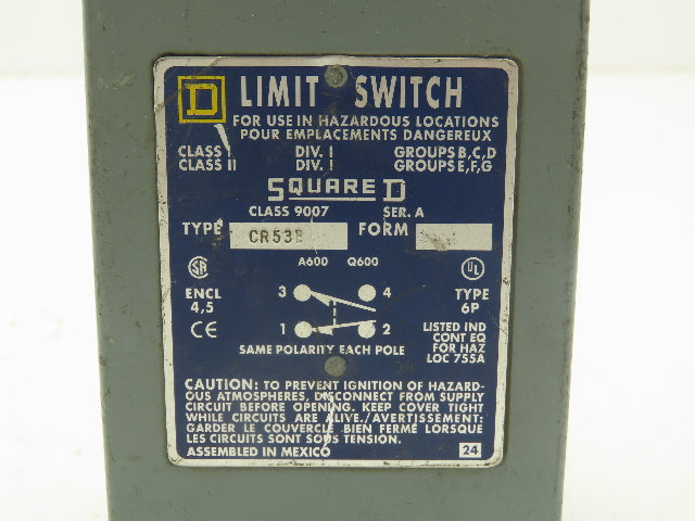Square D 9007CR53B Limit Switch Explosion Proof Hazardous Location 600V 10A