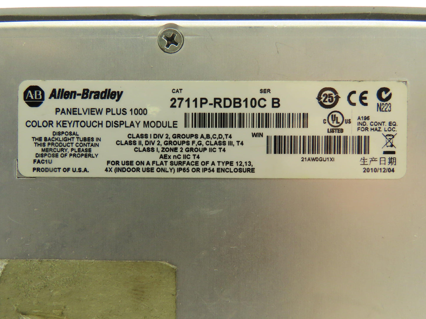 Allen Bradley 2711P-B10C4A1 PanelView Plus 1000 HMI Ser A Screen Wear