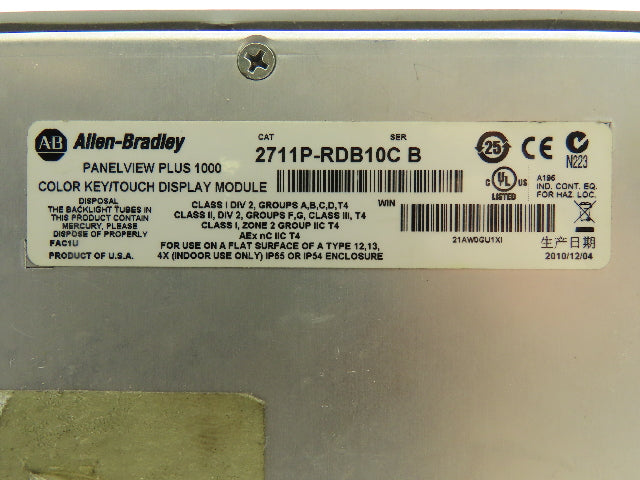 Allen Bradley 2711P-B10C4A1 PanelView Plus 1000 HMI Ser A Screen Wear