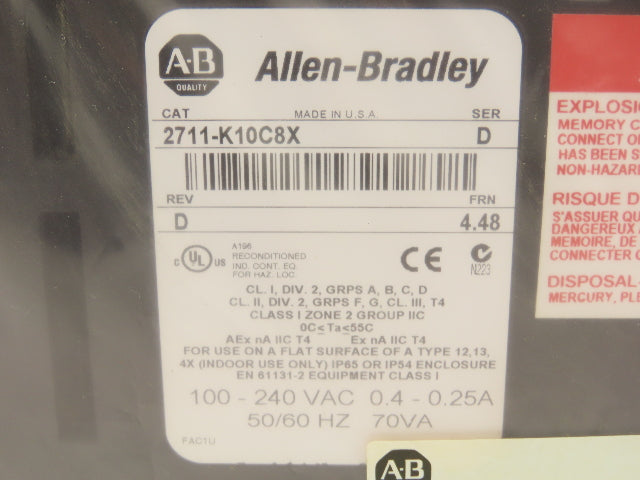 Allen Bradley 2711-K10C8X PanelView 1000 Touch Screen Display Panel