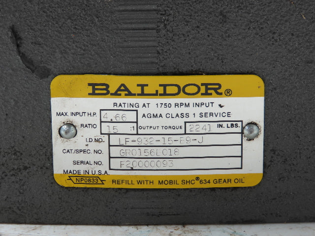 Baldor LF-932-15-B9-J Worm Gearbox Reducer 15:1 Ratio 4.6Hp 117 RPM RH 180TC