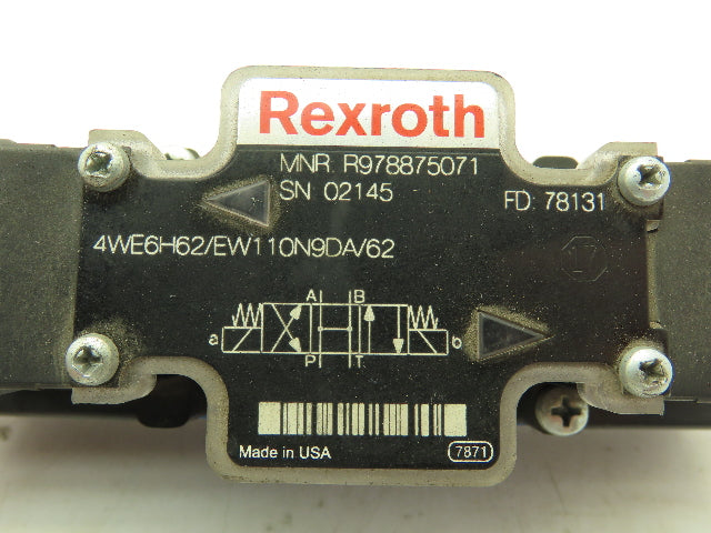 Rexroth 4WE6H62/EW110N9DA/62 Hydraulic Directional Solenoid Spool Valve 4/3 120V