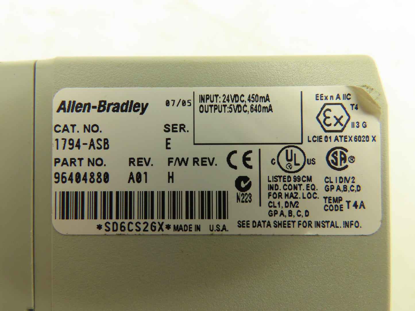 Allen Bradley 1794-ASB Flex I/O 24V DC Power Supply RIO Adapter Ser E