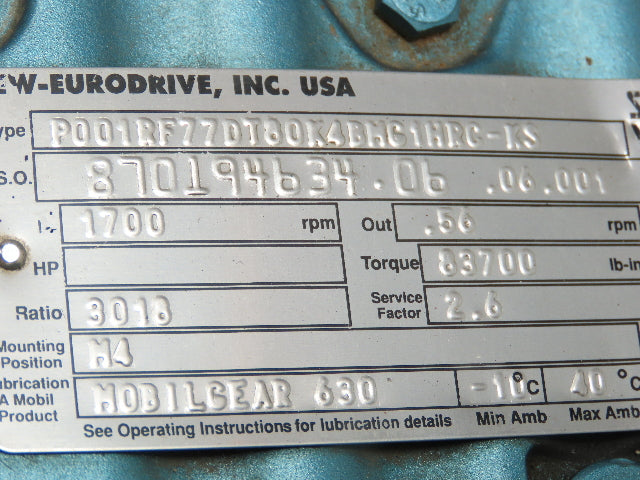 Sew-Eurodrive RF77/DFT80 Inline Gear Drive 3018:1 Reducer 460V Gearmotor 0.5 RPM