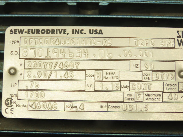 Sew-Eurodrive RF77/DFT80 Inline Gear Drive 3018:1 Reducer 460V Gearmotor 0.5 RPM