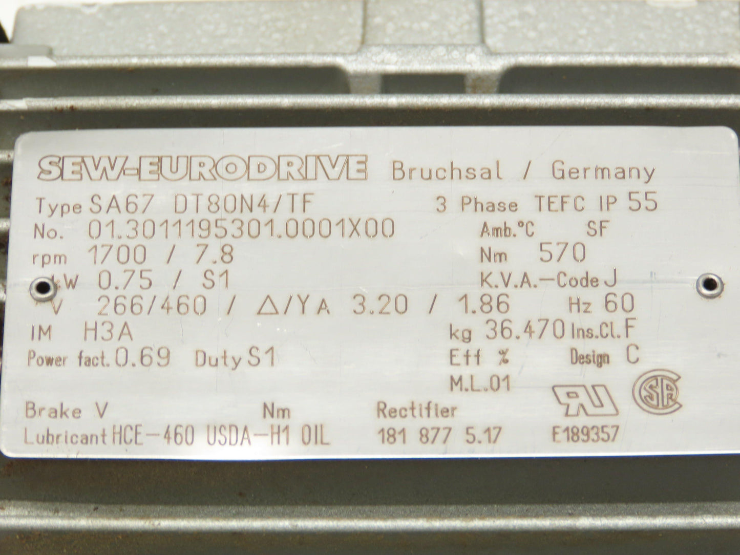 Sew-Eurodrive SA67 DT80N4/TF Gearmotor 218:1 Reducer 460V 3PH 7.8 RPM Output
