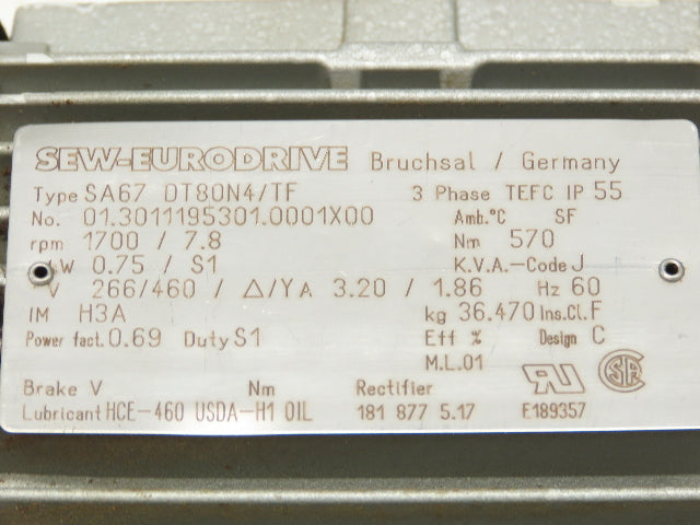 Sew-Eurodrive SA67 DT80N4/TF Gearmotor 218:1 Reducer 460V 3PH 7.8 RPM Output