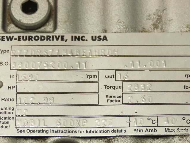 Sew-Eurodrive R77 DRS71M4/BE1HR/DH Inline Gearmotor 130:1 Reducer 230/460V 3PH