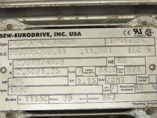 Sew-Eurodrive R77 DRS71M4/BE1HR/DH Inline Gearmotor 130:1 Reducer 230/460V 3PH