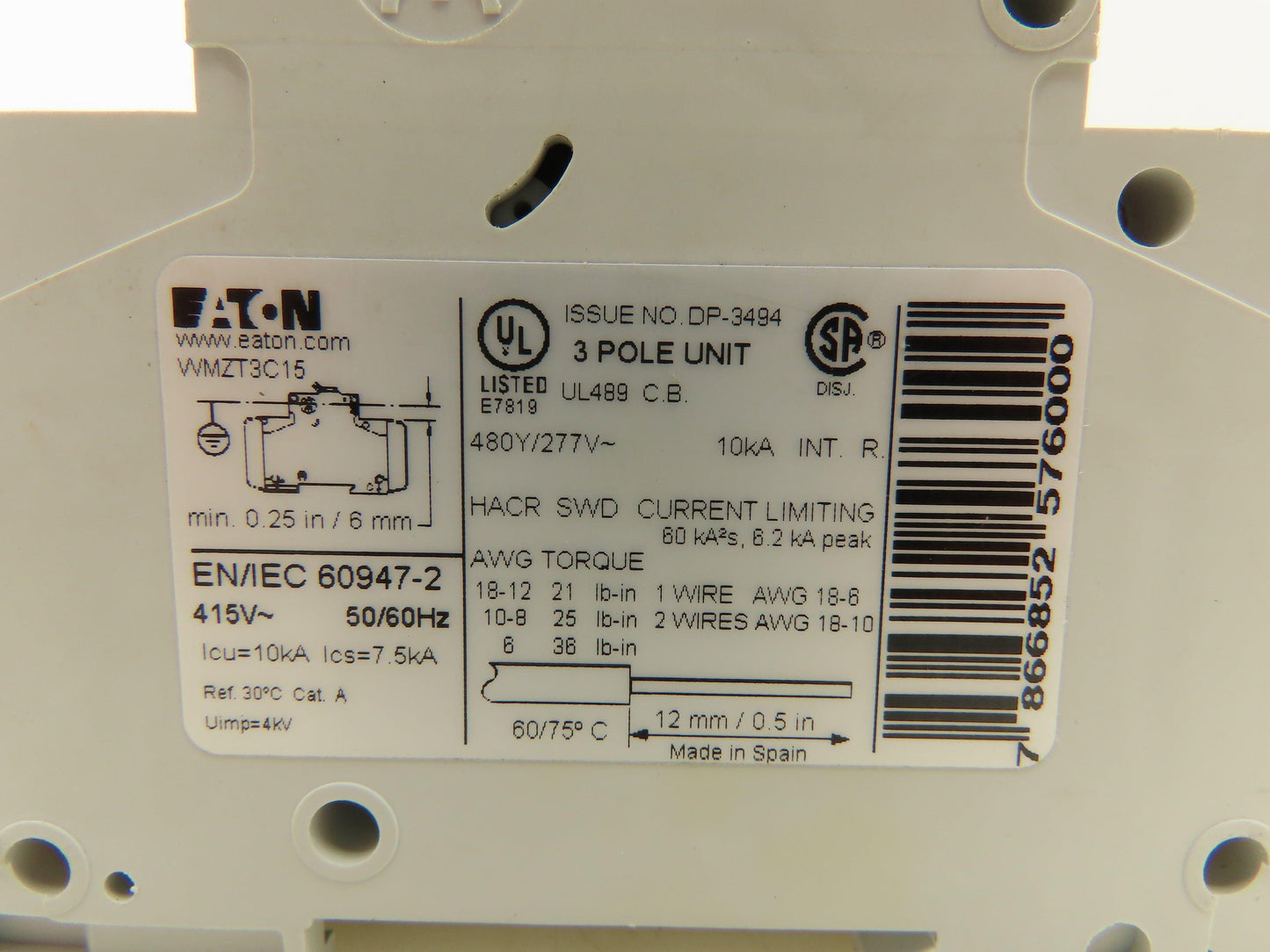 Eaton WMZT3C15 Circuit Breaker 15A 277/480V 3 Pole DIN Rail 3Ph