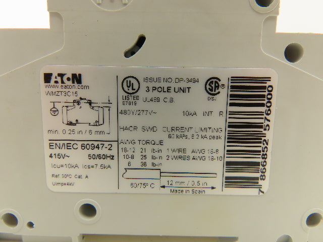 Eaton WMZT3C15 Circuit Breaker 15A 277/480V 3 Pole DIN Rail 3Ph