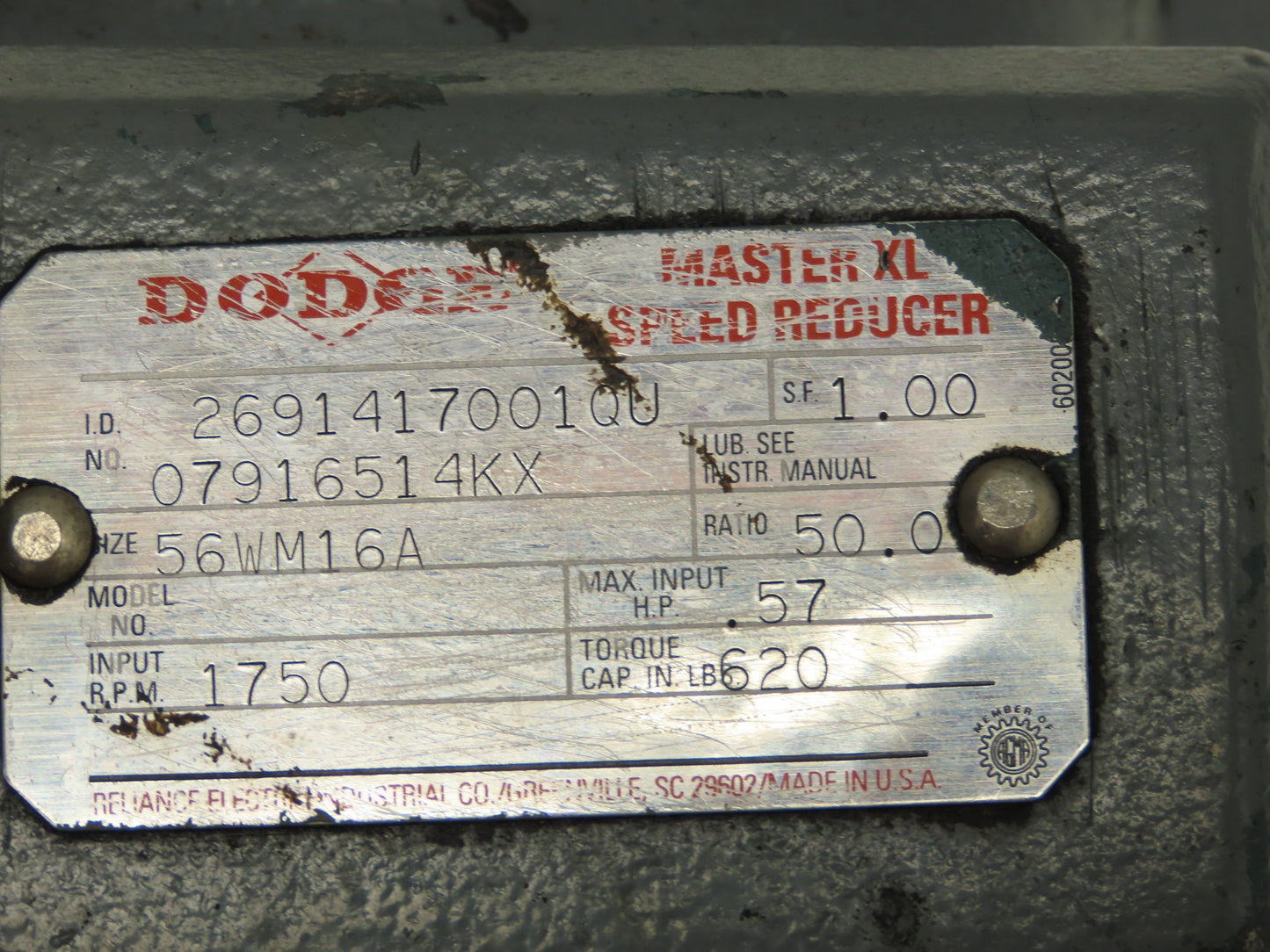 Dodge Reliance Gearmotor 50:1 Reducer 1/2Hp 230/460V 3PH FB56C Dual Output
