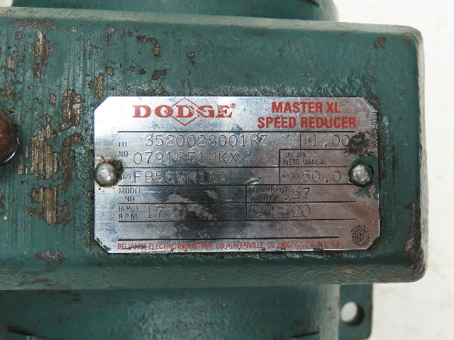 Dodge Reliance FB56WM16A Gearmotor 50:1 Reducer 3/4Hp 460V 3PH 56C Dual Output