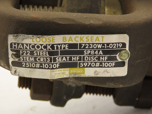 Hancock 7230W-1-0219 Manual Globe Valve 1/2" Socket Weld Loose Backseat 2500 PSI