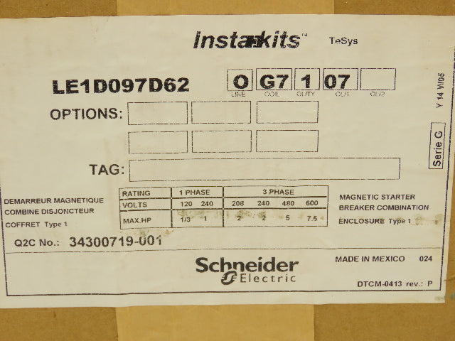 Schneider Electric LE1D097D62 Instakits Combination Motor Starter 1HP 480V 3Ph