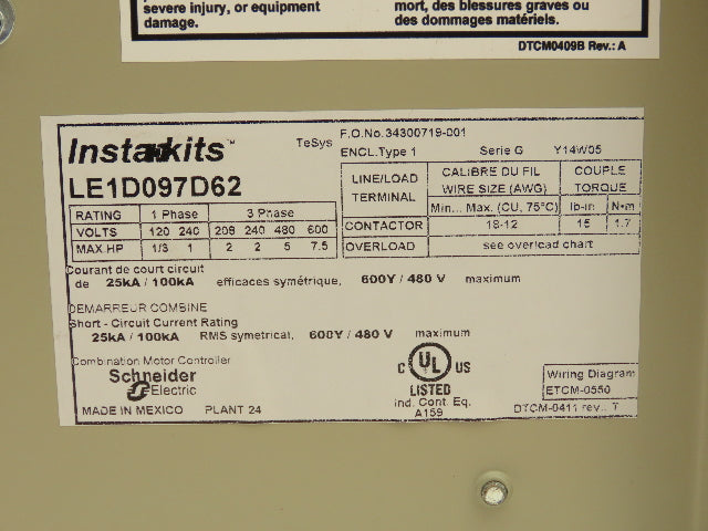 Schneider Electric LE1D097D62 Instakits Combination Motor Starter 1HP 480V 3Ph