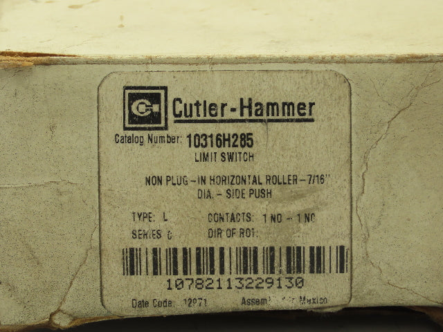 Eaton Cutler Hammer 10316H285 Limit Switch Side Roller 600V AC Max 1 NO 1 NC