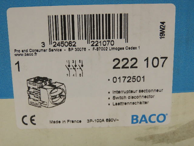 Baco 172500 Rotary Isolating Disconnect Switch 100A 3 Pole 690V Panel Mount