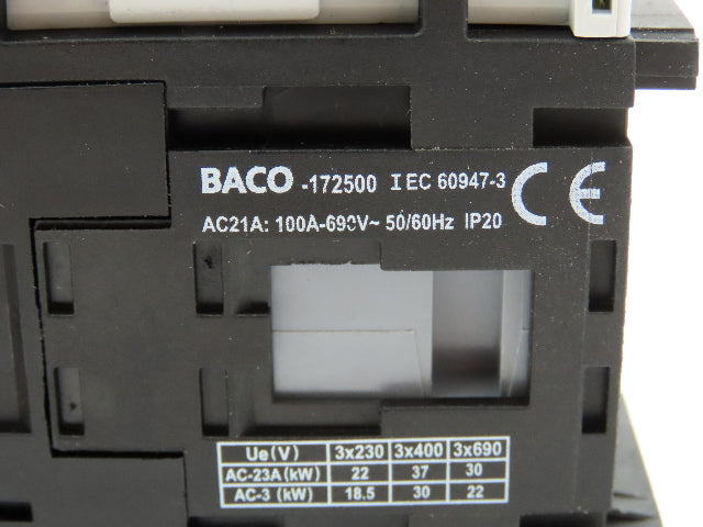Baco 172500 Rotary Isolating Disconnect Switch 100A 3 Pole 690V Panel Mount