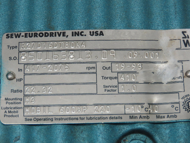 Sew-Eurodrive R27D16DT80K4 Inline Gearbox 22.3:1 Reducer 19-93 RPM 80K4 Frame