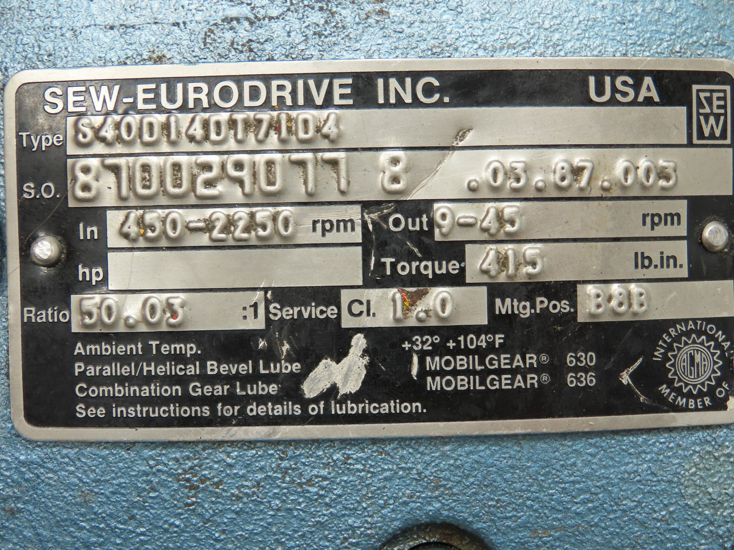 Sew-Eurodrive S40D14DT71D4 Variable Speed Gearbox 50:1 Reducer 9-45RPM RH Output