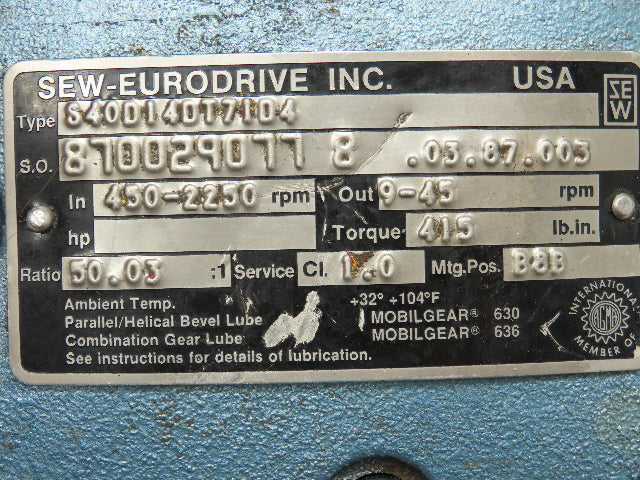 Sew-Eurodrive S40D14DT71D4 Variable Speed Gearbox 50:1 Reducer 9-45RPM RH Output
