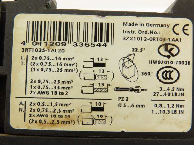 Siemens 3RT1035-1A.0 Contactor 40A 30Hp@460V 3Ph 50/60Hz