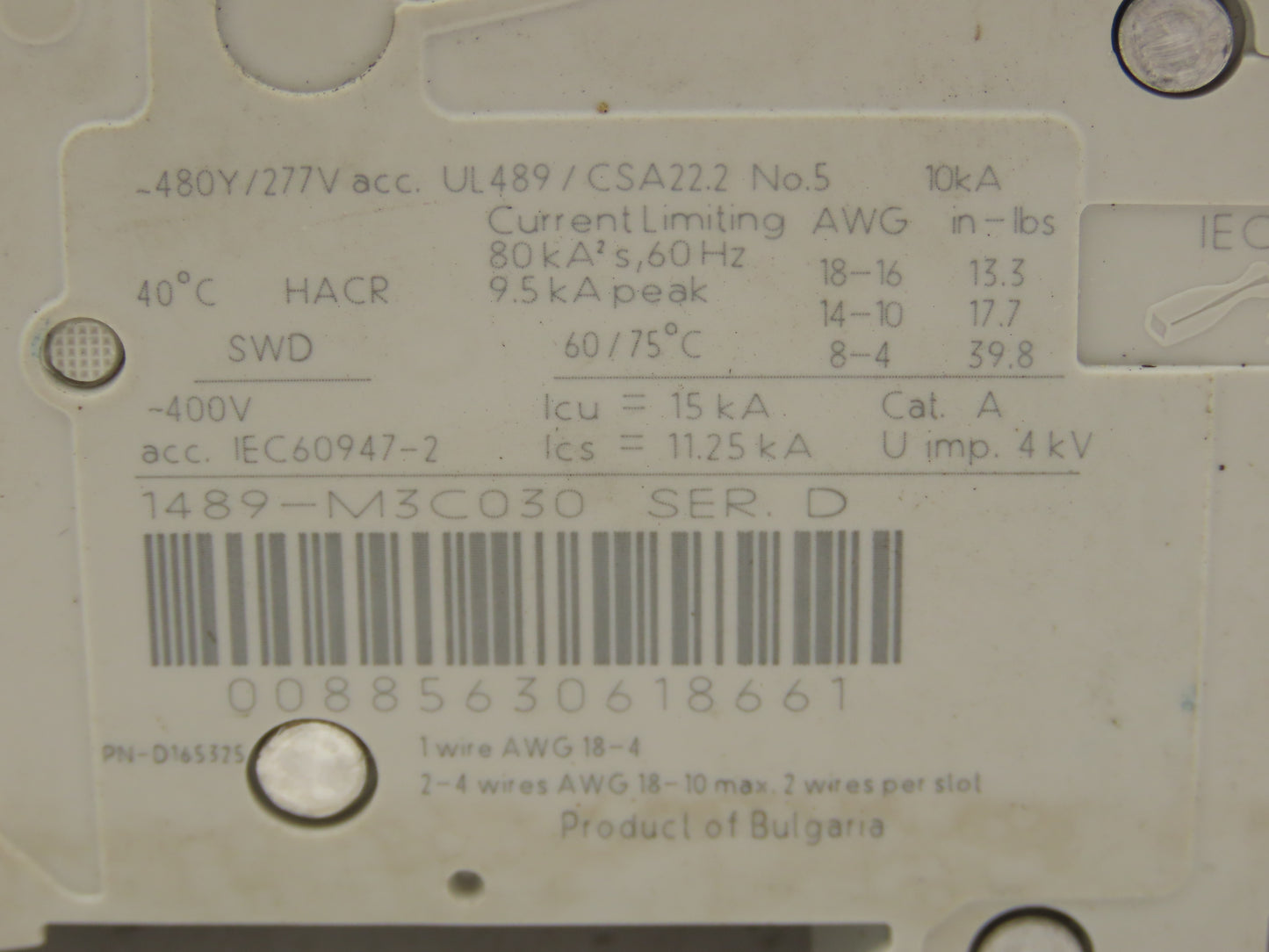 Allen Bradley 1489-M3C030 Circuit Breaker 3A 3 Pole 277/480V Din Rail Mount