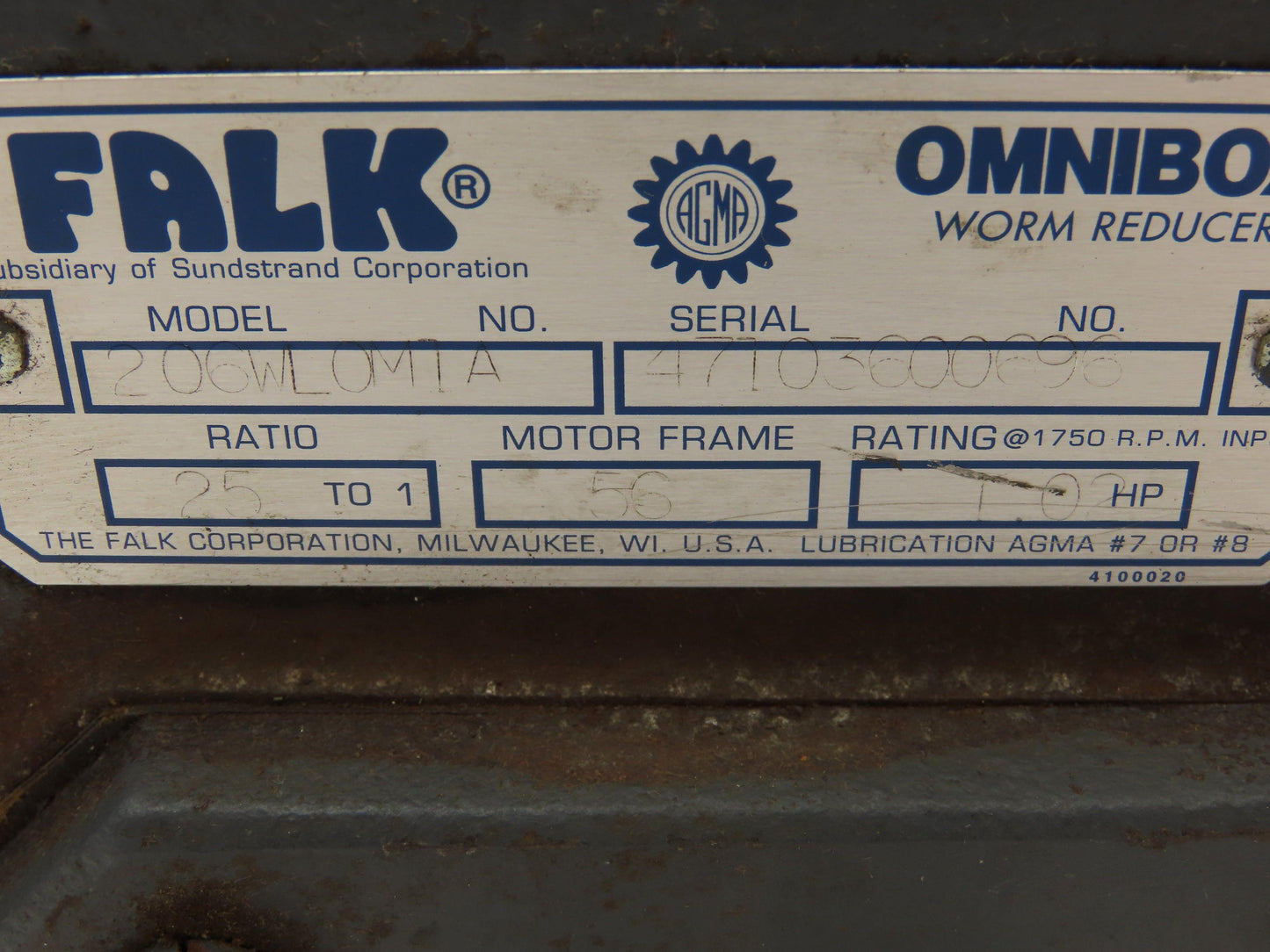 Falk 206WLOM1A Omnibox Worm Gearbox 25:1 Reducer 1Hp 70 RPM Hollow Output 56C