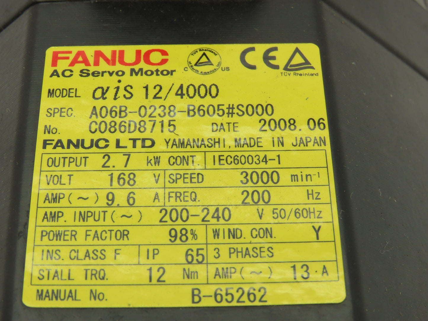 Fanuc A06B-0238-B605#S000 AC Servo Motor 2.7kw 3000RPM Pulsecoder A860-2010-T341