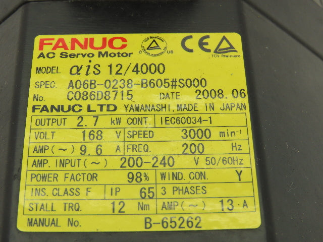 Fanuc A06B-0238-B605#S000 AC Servo Motor 2.7kw 3000RPM Pulsecoder A860-2010-T341