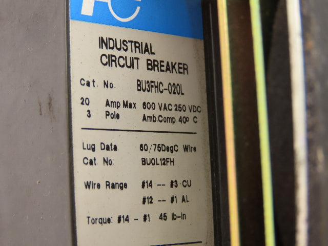 Fuji Electric BU3FHC-020L Circuit Breaker With Rotary Switch 20A 600VAC 3PH