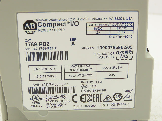 Allen-Bradley 1769-PB2 Compact I/O Power Supply 24VDC 0.8A Series A