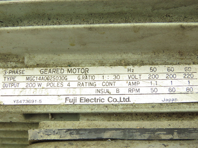 Fuji Electric MGC14A002S030G Parallel Shaft Gearmotor 30:1 200W 220V Brake Motor