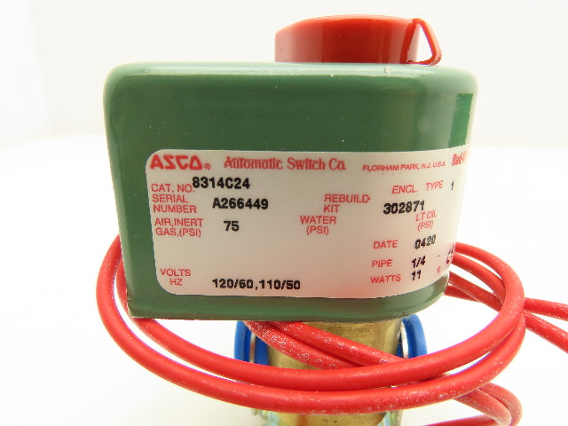 Asco 8314C24 Red Hat Solenoid Valve 120V 11W 75PSI 3 Way 1/4"NPT