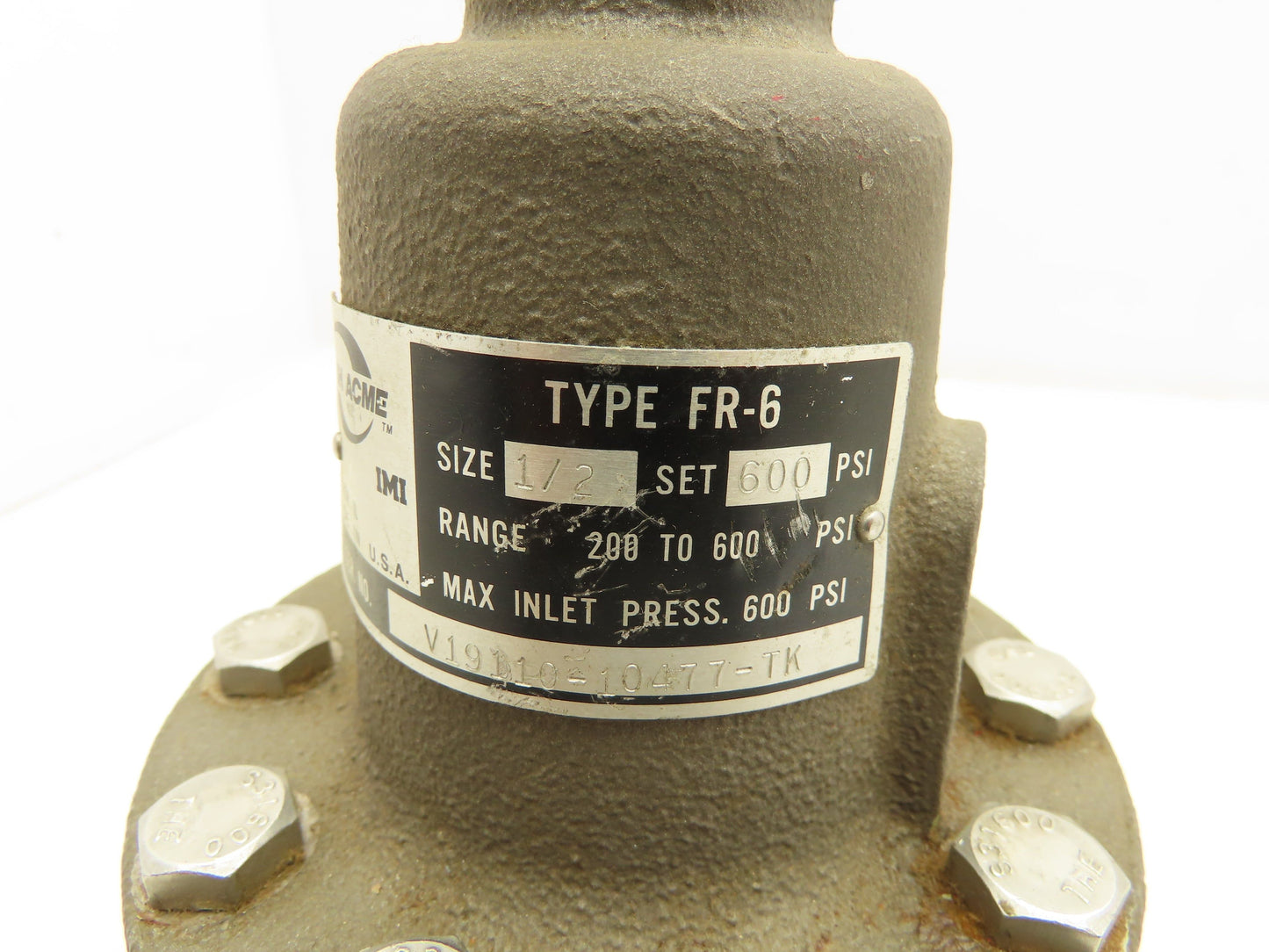 Cash Acme TYPE FR-6 Back Pressure Valve 200-600 PSI -20°F Min. Temp. 1/2" NPT