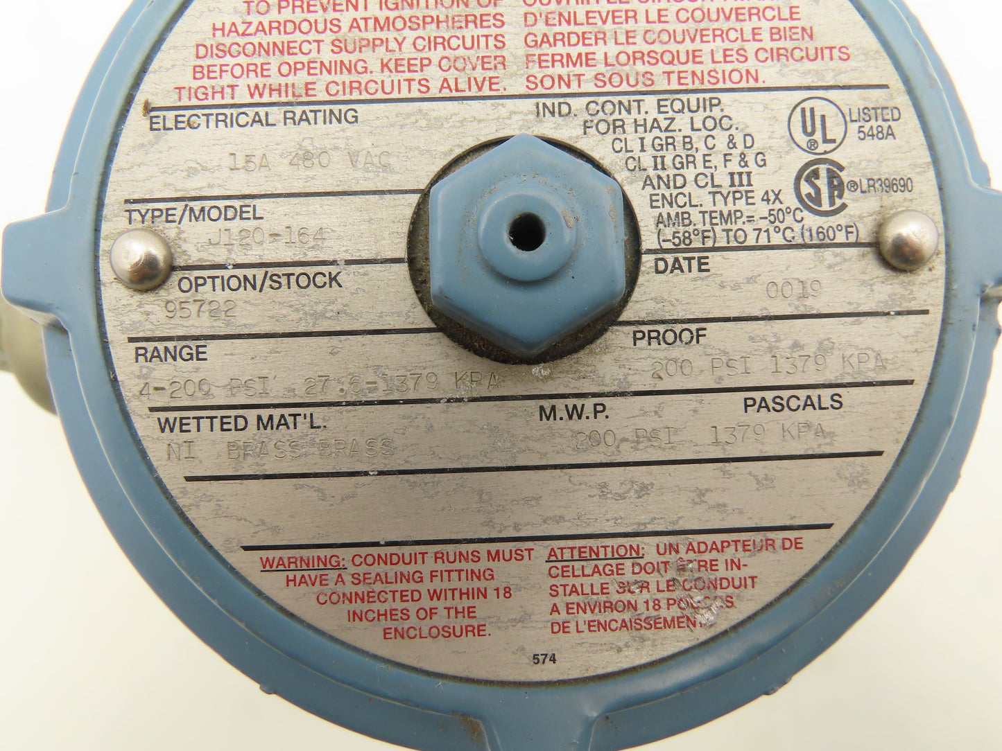 United Electric Controls J120-164 Pressure Switch 480VAC 15A 4-200PSI 3/4"NPT