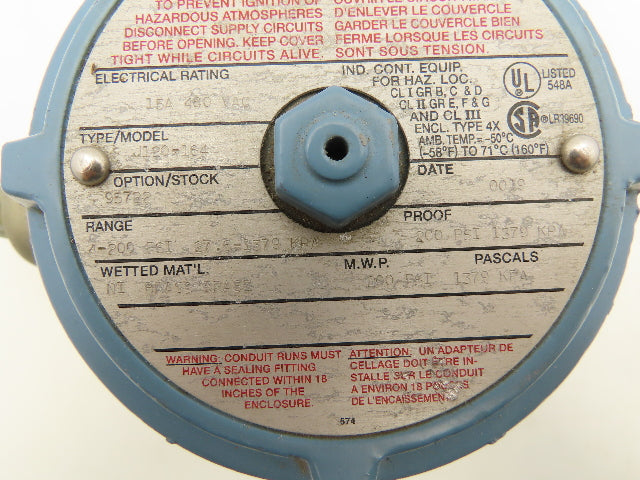 United Electric Controls J120-164 Pressure Switch 480VAC 15A 4-200PSI 3/4"NPT