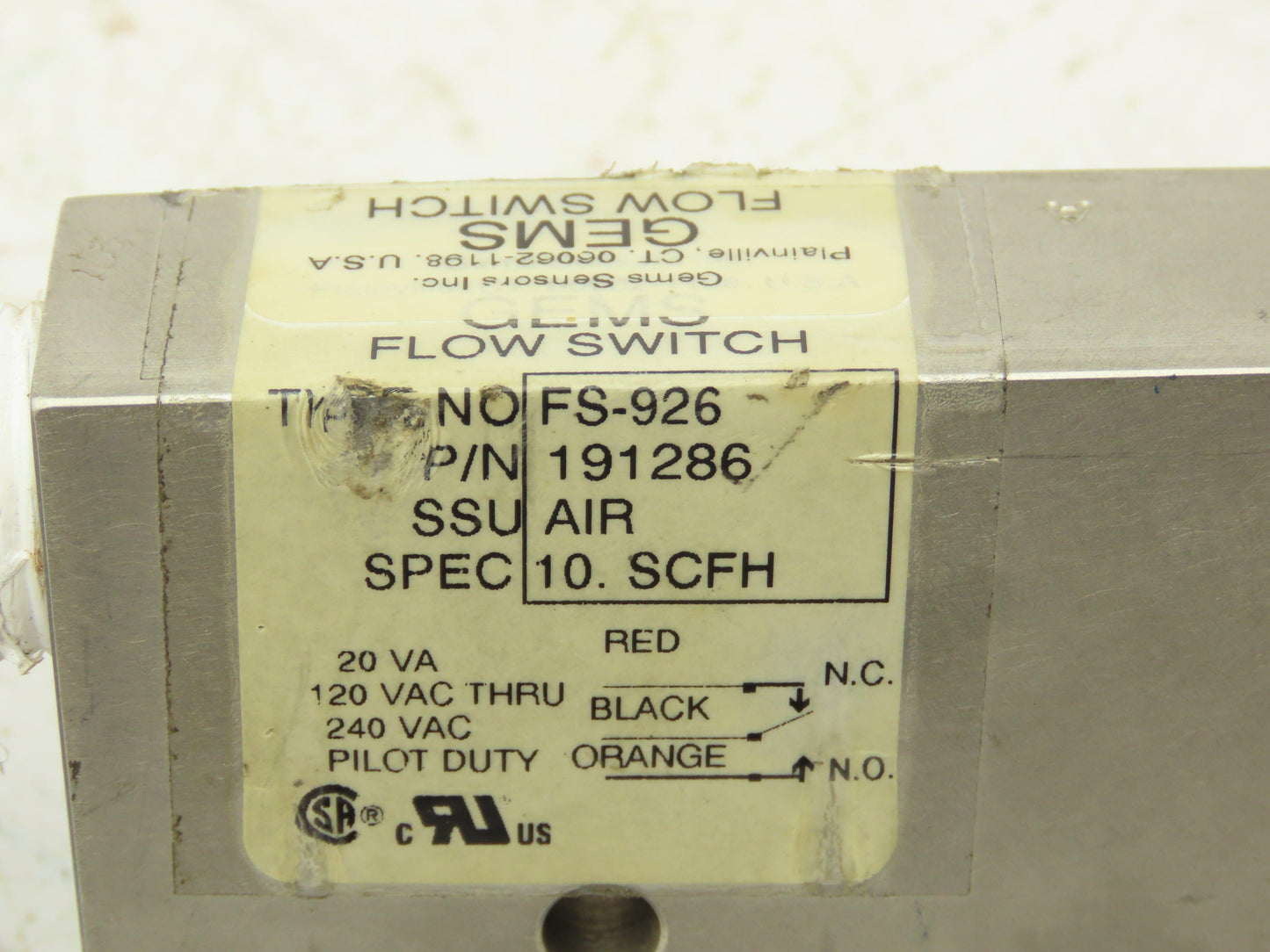Gems Sensors FS-926 Liquid Flow Switch 240VAC 20VA 50-300CC/Minute 1/4"NPT