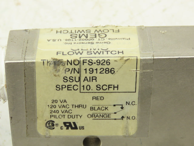Gems Sensors FS-926 Liquid Flow Switch 240VAC 20VA 50-300CC/Minute 1/4"NPT