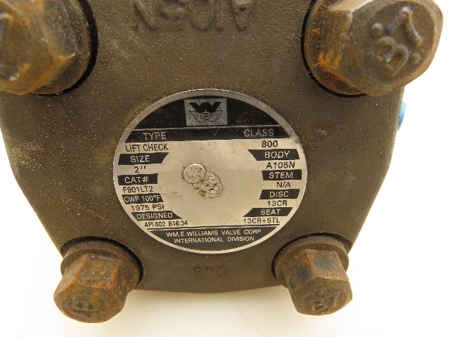 Williams F801LT2 Lift Check Valve 2" Class 800 1975PSI Disc 13CR Steel