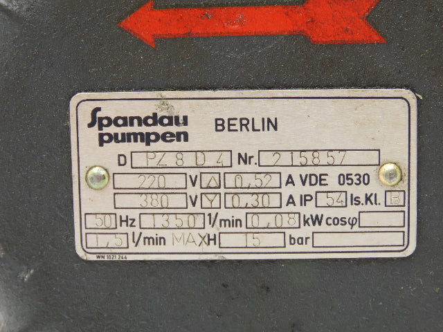 Spandau Pumpen PZ 8 D 4 Hydraulic Pump 1.5 LPM 1350 RPM 380/460V 3PH